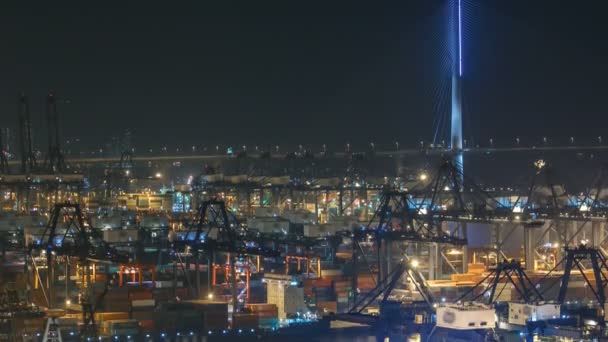 Hong Kong контейнерного терміналу в ніч timelapse — стокове відео
