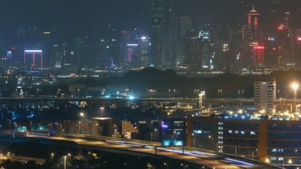 Hong Kong Panorama u kontejneru terminálu noční timelapse — Stock video