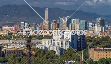 Panoramik dağ Montjuic timelapse Barcelona city.