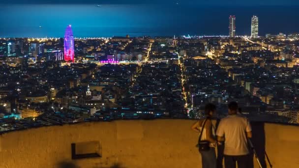 View of Barcelona timelapse, the Mediterranean sea, The tower Agbar and The twin towers from Bunkers Carmel. Catalonia, Spain. — Stock Video