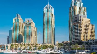 View of Dubai Marina Towers and canal in Dubai timelapse hyperlapse