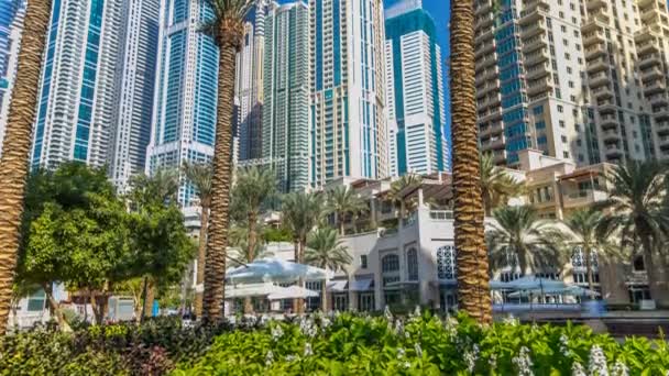 Fuente y palmeras timelapse en el paseo marítimo, Durante el día. Dubai, Emiratos Árabes Unidos — Vídeo de stock