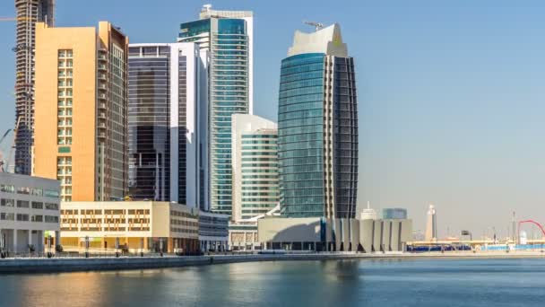 Scenic skyline of Dubais business bay with skyscrapers at day time timelapse. — Stock Video