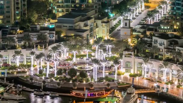 Brunnen und Palmen im Zeitraffer am Yachthafen Spaziergang, während der Nacht. dubai, uae — Stockvideo