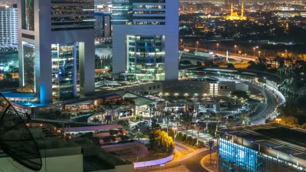 Dubai skyline from top with Emirates Towers timelapse at night time. Dubai, UAE. — Stock Video