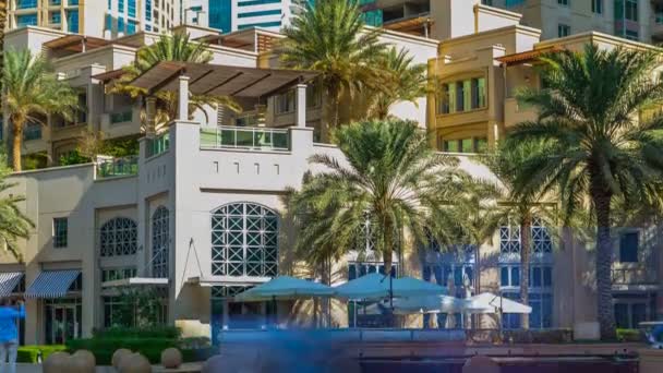 Fontaine et palmiers timelapse à la promenade de la marina, Pendant la journée. Dubai, Émirats arabes unis — Video