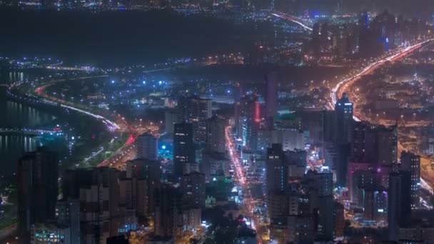 Skyline with Skyscrapers night timelapse in Kuwait City downtown illuminated at dusk. Kuwait City, Middle East — Stock Video