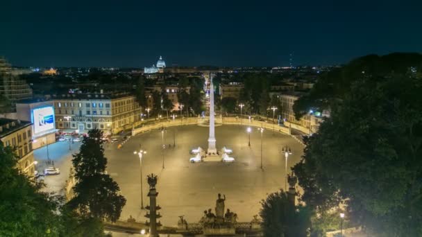 Vista aérea de la gran plaza urbana, el timelapse noche Piazza del Popolo, Roma — Vídeo de stock