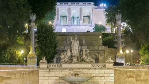 Fonte de Dea Roma timelapse na Piazza del Popolo com terraço Pincio no fundo — Vídeo de Stock