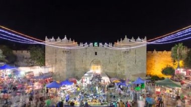 Şam Kapısı giriş timelapse Old City Kudüs Filistin İsrail gece ışık uzun pozlama hareket bulanıklık