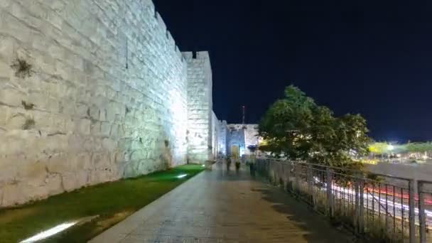 Murallas de la Ciudad Antigua en la noche hiperlapso timelapse, Jerusalén, Israel — Vídeos de Stock