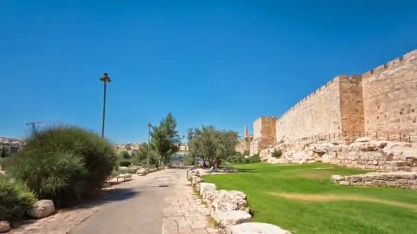 Muro difensivo dell'antica Gerusalemme santa timelapse iperlapse, illuminato dal sole luminoso. Splendido prato verde — Video Stock