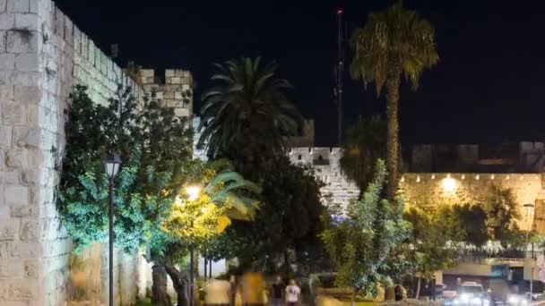 古城城墙在夜间延时，耶路撒冷，以色列 — 图库视频影像