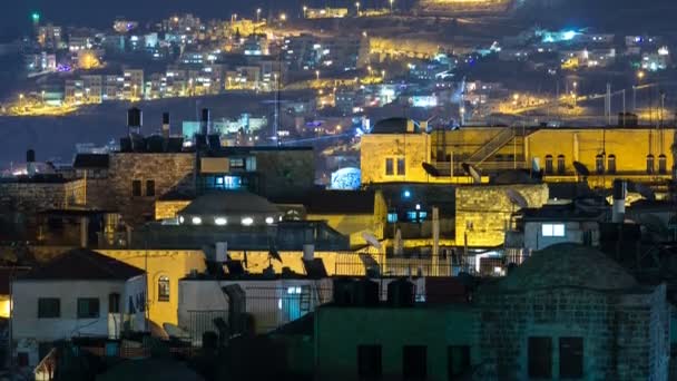 Panorama av Jerusalem Old City Night Timelapse från österrikiska hospice Roof, Israel — Stockvideo