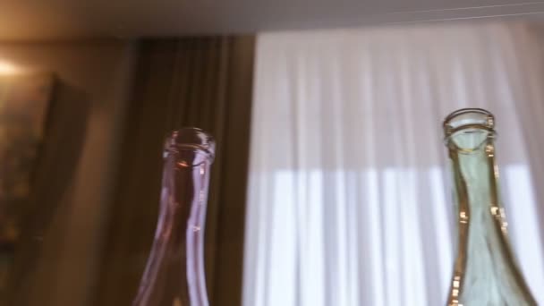 Leere Flaschen hintereinander — Stockvideo