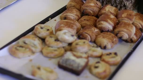 Lot of cooked appetizing cakes, buns and roll with poppy seeds on kitchen tray closeup — Stock Video