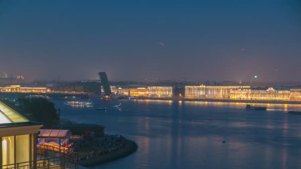 Fireworks timelapse over the city of St. Petersburg Russia on the feast of "Scarlet Sails", view from roof. — Stock Video