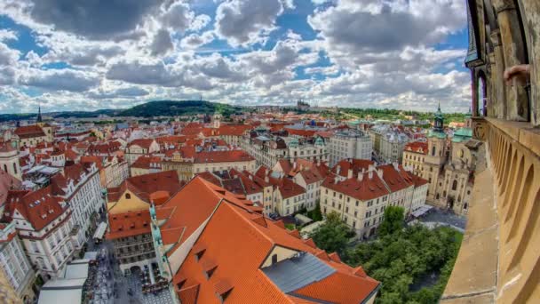 Aerial panoramic view of Old Town Square neighborhood timelapse in Prague from the top of the town hall — Stock Video
