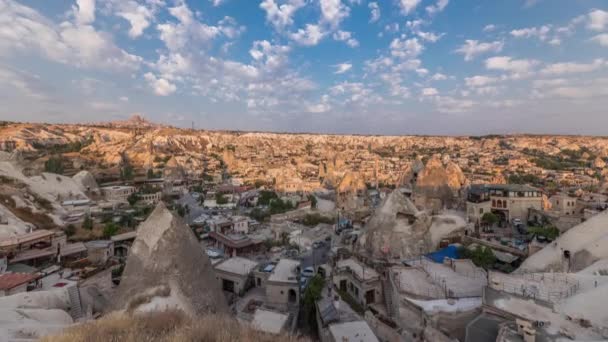 Beautiful view of Goreme from viewpoint aerial timelapse, Cappadocia, Turkey during sunrise. — Stock Video