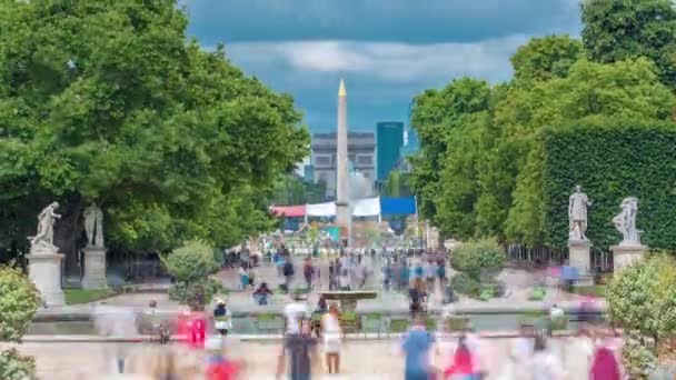 People relaxing in Tuileries Palace open air park near Louvre museum timelapse. Paris, France — Stock Video