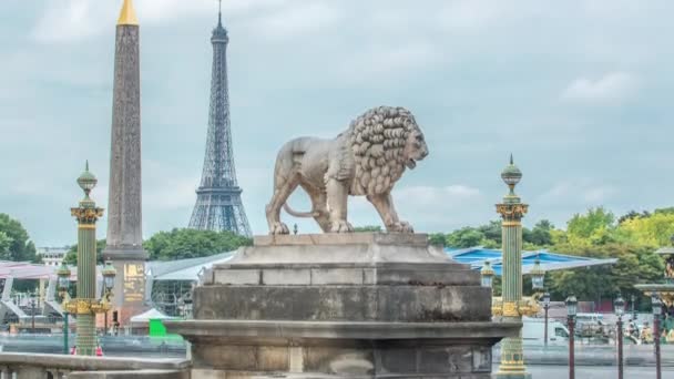 A Tuileries kert két márványoroszlánjának egyike, amely a párizsi Concorde-helyet borítja. — Stock videók