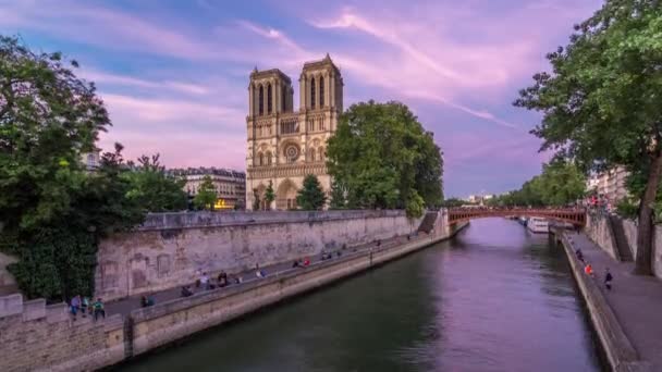 Vooraanzicht Notre Dame De Paris kathedraal van dag tot nacht timelapse na zonsondergang. — Stockvideo
