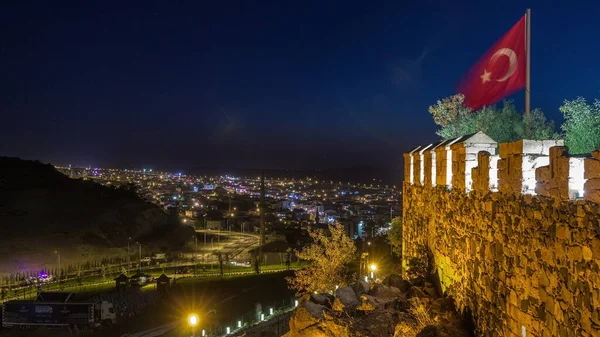 Widok Lotu Ptaka Starego Zamku Historycznym Mieście Nevsehir Nocy Timelapse — Zdjęcie stockowe