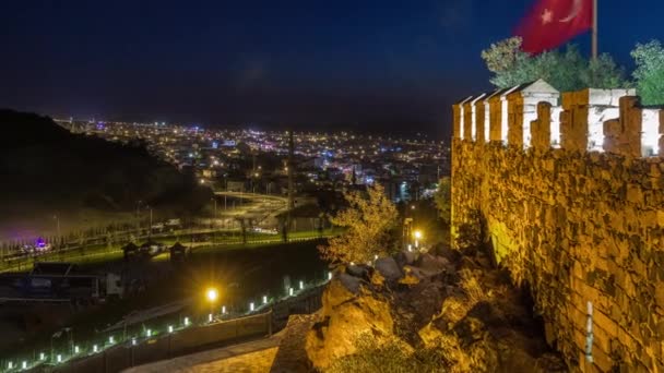 Αεροφωτογραφία από το παλιό κάστρο στην ιστορική πόλη Nevsehir νύχτα timelapse — Αρχείο Βίντεο