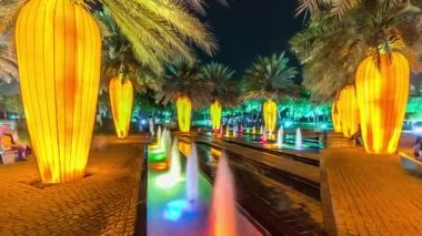 Dubai Işıltı Bahçesi zaman dilimi Aydınlanmış ağaçlar ve heykeller