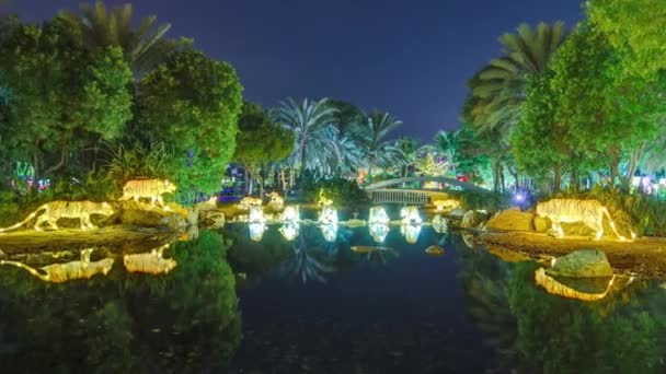 Dubai Glow Garden timelapse con árboles y esculturas iluminadas — Vídeo de stock