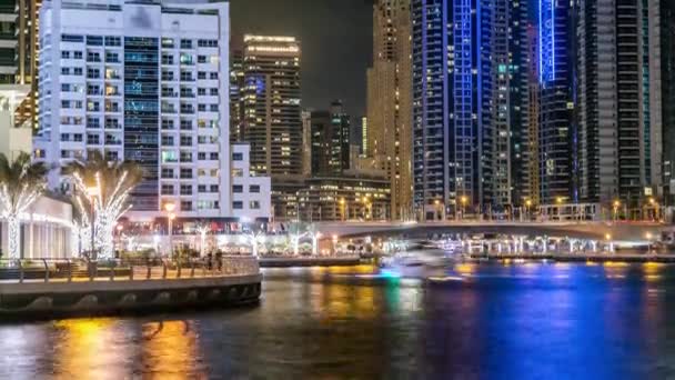 Dubai Marina towers and canal in Dubai night timelapse — Stock Video