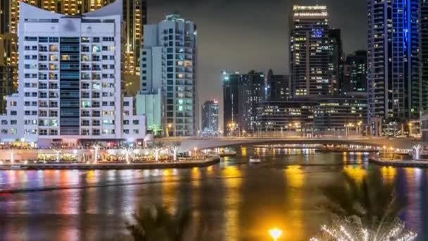 Dubai Marina towers and canal in Dubai night timelapse — Stock Video