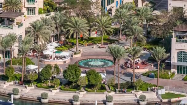 Fontana e palme timelapse alla passeggiata marina, Durante il giorno. Dubai, EAU — Video Stock