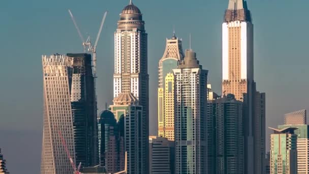 Aerial top view at sunset timelapse of Dubai Marina and JLT in Dubai, UAE — Stock Video