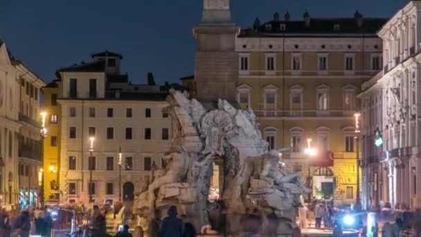 Brunnen der vier Flüsse im Zeitraffer, Piazza Navona Rom, Fontana di Quattro Fiume, Bernini Marmorskulptur — Stockvideo