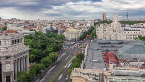Madrid timelapse panorama luchtfoto van Madrid Post Palacio comunicaciones, Spanje — Stockvideo