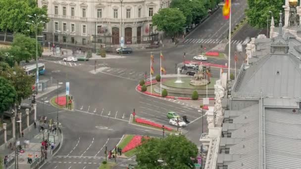 Madrid timelapse rooftop panorama aerial view of Madrid Post Palacio comunicaciones, Plaza de Cibeles, Spain — стоковое видео