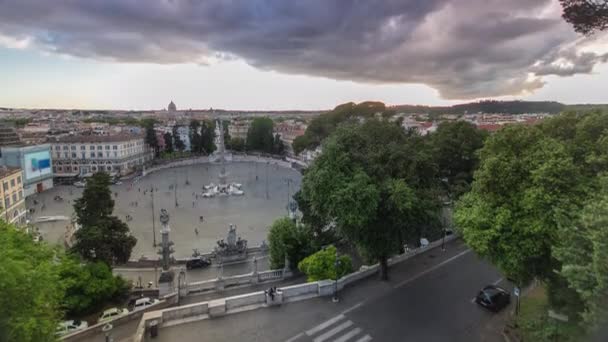 Vista aérea da grande praça urbana, a Piazza del Popolo timelapse, Roma ao pôr do sol — Vídeo de Stock