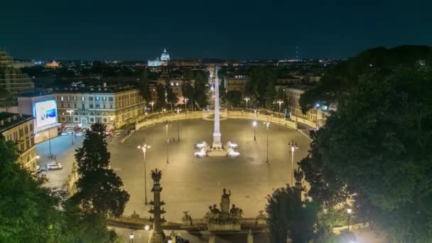 Flygbild över det stora urbana torget, Piazza del Popolo Night Timelapse, Rom — Stockvideo