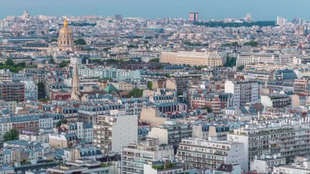 Aerial panorama above houses rooftops in a Paris day to night timelapse — Stock Video