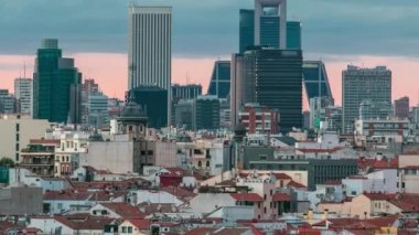 Madrid Skyline, gün batımında Kio Kuleleri gibi sembolik binalarla birlikte.