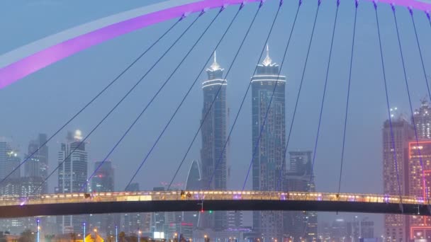 Pedestrian Bridge over the Dubai Water Canal day to night timelapse, United Arab Emirates — Stock Video