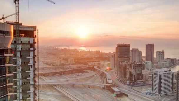 Sunset légi top view timelapse Dubai Marina és JLT Dubai, Egyesült Arab Emírségek — Stock videók