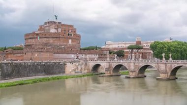 Saint Angel castle timelapse and bridge over the Tiber river in Rome, Italy.