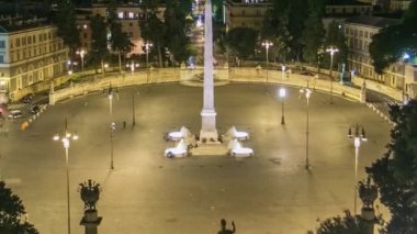 Büyük şehir meydanının havadan görünümü, Piazza del Popolo gece zaman aşımı, Roma