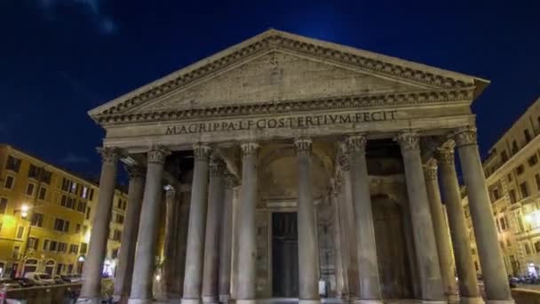 Night Timelapse Hyperlapse av Pantheon, antikens arkitektur i Rom, Italien — Stockvideo