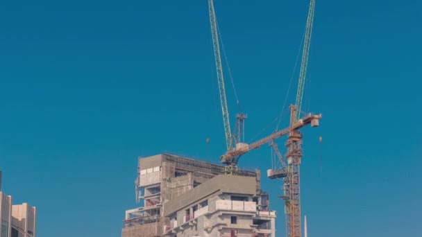 Dźwigi pracujące nad nowoczesnym terenem ograniczającym prace nowego wieżowca timelapse — Wideo stockowe