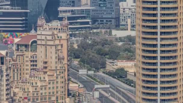 Vista aérea del timelapse del distrito DIFC del Centro Financiero Internacional de Dubai — Vídeos de Stock