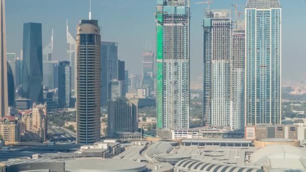 Vista aérea del timelapse del distrito DIFC del Centro Financiero Internacional de Dubai — Vídeos de Stock