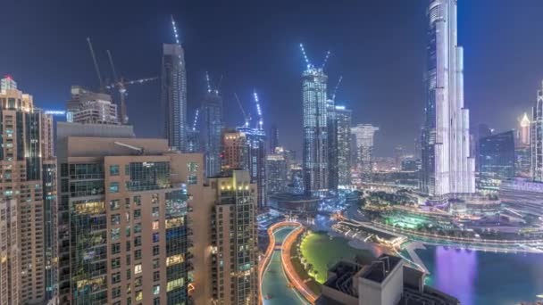 Panorama van het centrum Dubai stad lucht nacht timelapse — Stockvideo
